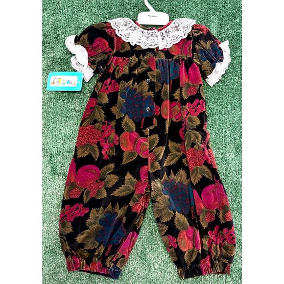Vintage 80s Jo Joe Fashions Jumpsuit Girls 18 Months Velvet Floral Lace Collar - Picture 5 of 5